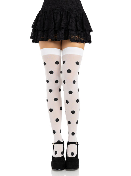 White/Blk Polka-Dot Opaque Thigh Highs by Leg Avenue