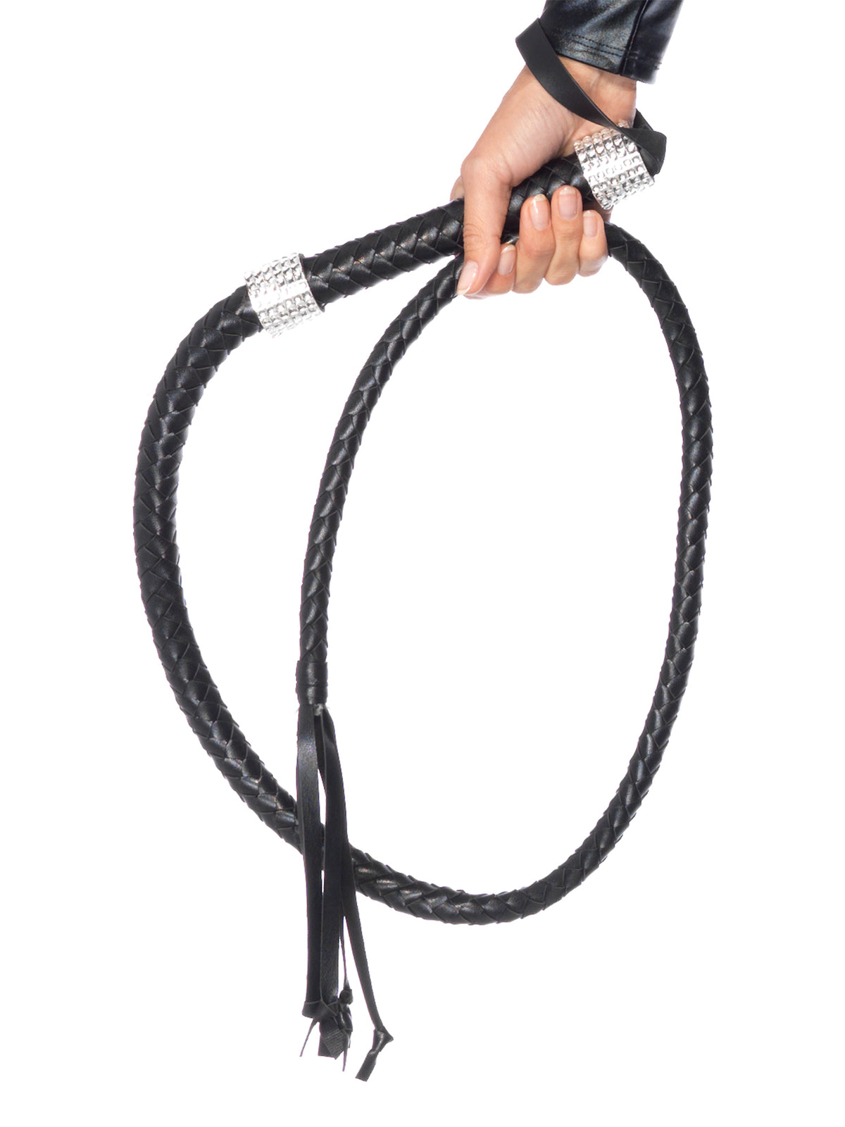 54" Braided Whip With Rhinestone Look Handle in Black by Leg Avenue
