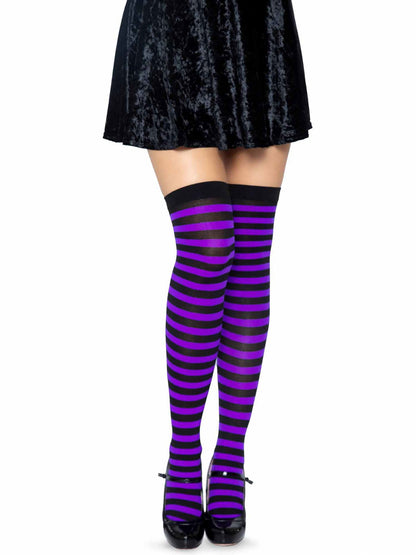 Cari Striped Stockings in Black/Purple by Leg Avenue