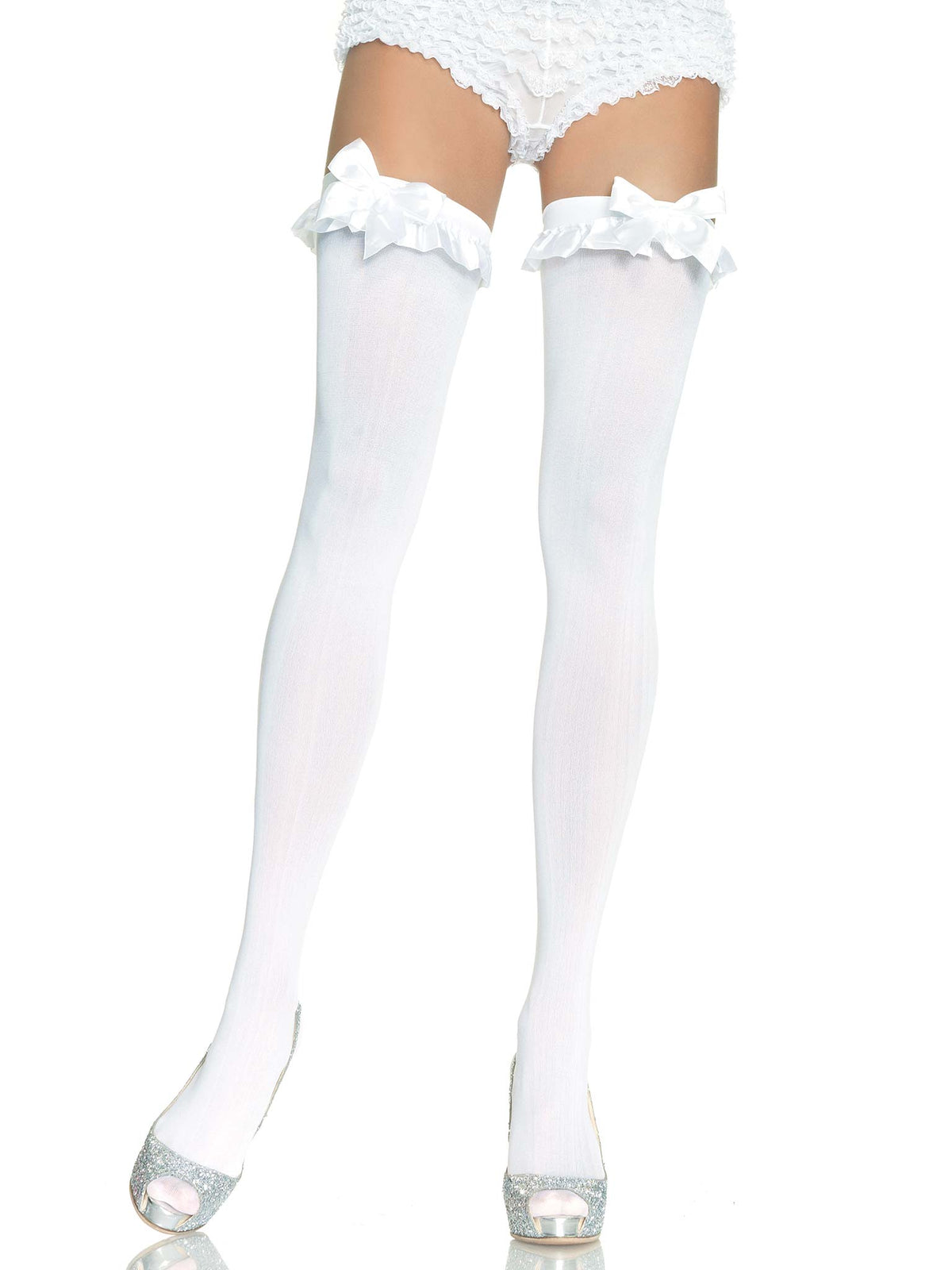 Devi Stockings with Ruffle Bow in White by Leg Avenue
