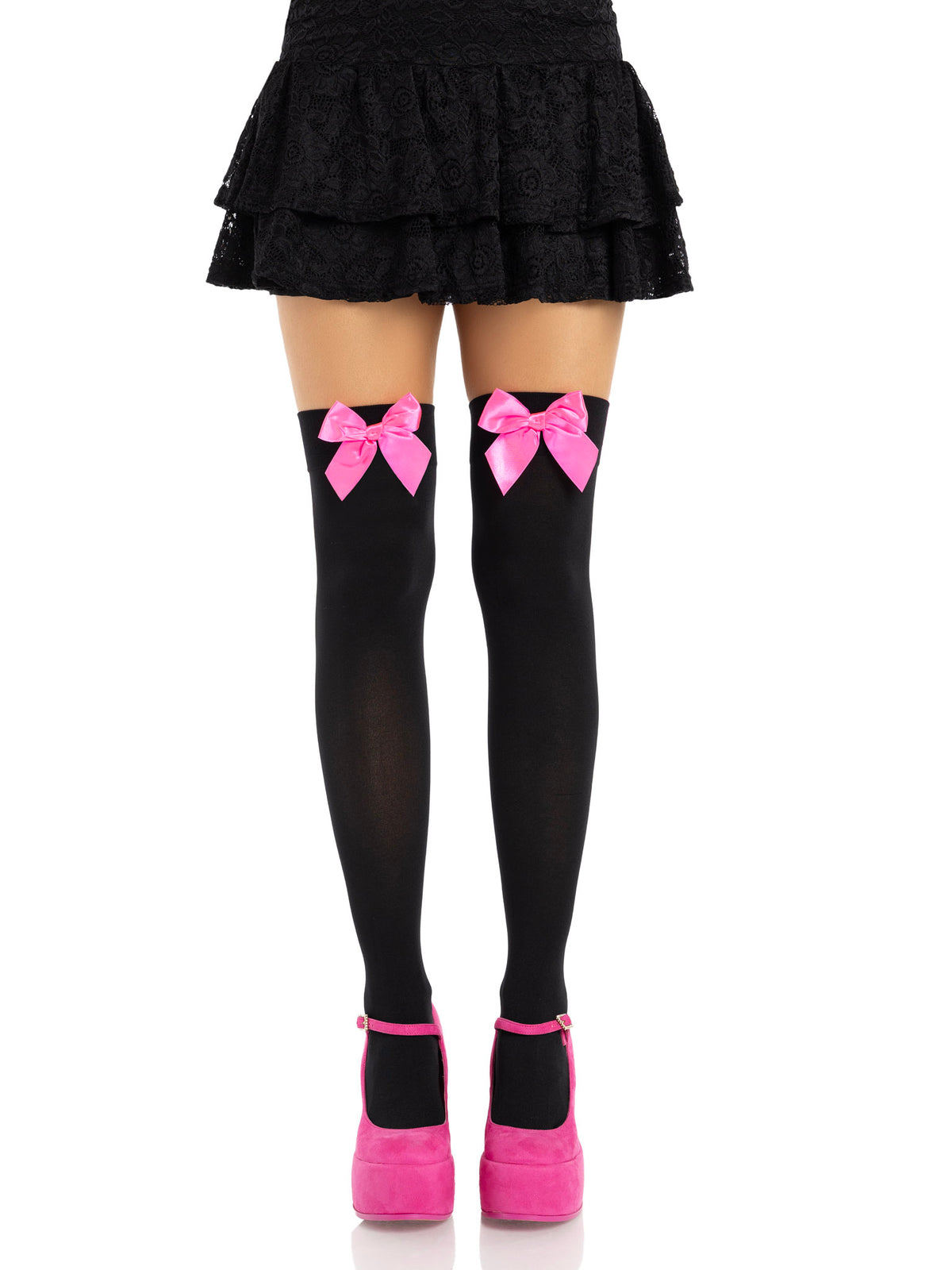 Kay Opaque Thigh Highs in Black/N.Pink by Leg Avenue
