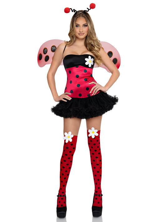 4-Piece Daisy Bug Costume by Leg Avenue
The viral 4 PC Daisy Bug Costume by Leg Avenue is a Y2K favorite ready for another night out. This playful women’s Halloween costume puts a sexy spin on the classic ladybug with a polka dot tube dress, flirty petticoat skirt, daisy accent, statement wings, antennae headband, and matching thigh highs. Cute, chaotic, and straight from the Leg Avenue archives, consider this your sign to bug out!

Package includes: dress, wings, headband, thigh highs
Straight from the Leg