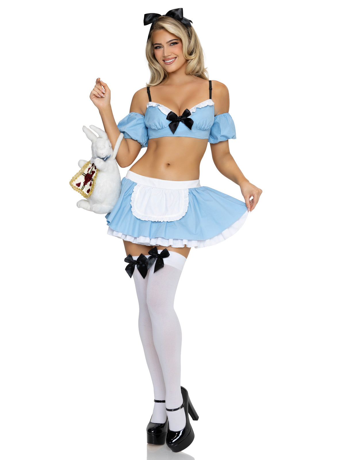 Product Details
This Leg Avenue Y2K favorite is back and ready for another trip down the rabbit hole. The 4 PC Wonderland Alice Costume by Leg Avenue features a cropped blue top with adjustable straps, off-the-shoulder arm puffs, ruffle trim, and a sweet bow accent. The matching mini skirt features a crisp white apron and pin-on oversized back bow, while the black bow headband completes this flirty women’s Halloween costume. An early 2000s favorite returns just in time to get wond