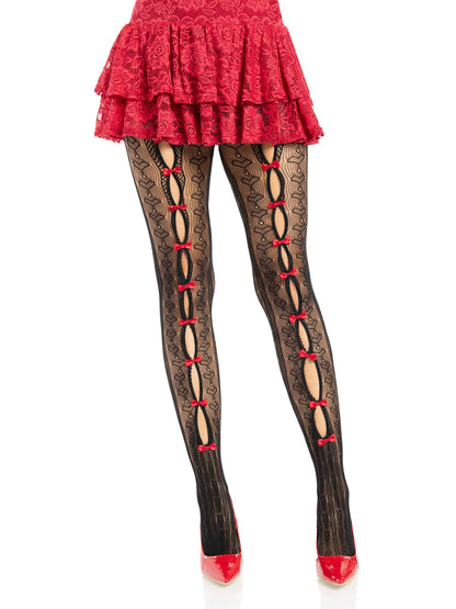 Black/Red Sweetheart Striped Net Tights by Leg Avenue