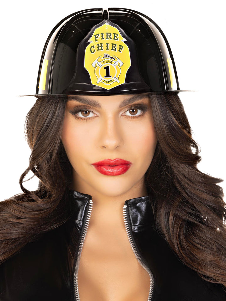 Black Fire Chief costume hat with yellow badge