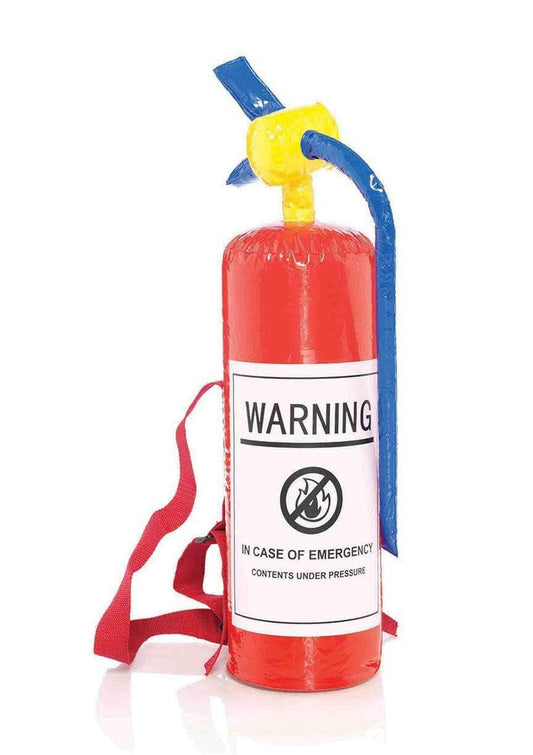 Red inflatable fire extinguisher costume prop with hose and strap